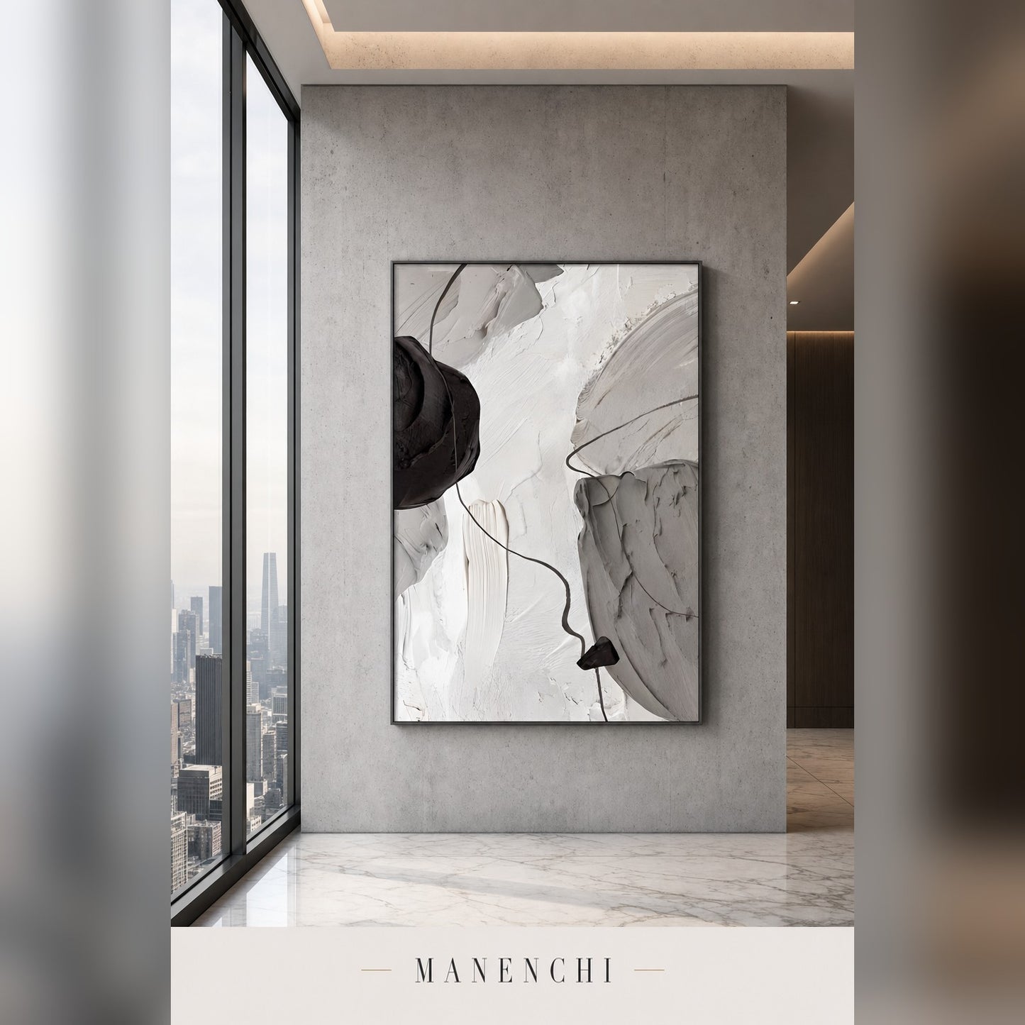 Ethereal Monochrome abstract painting displayed in a dining room
