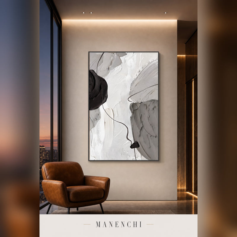Ethereal Monochrome abstract painting displayed in a gallery setting