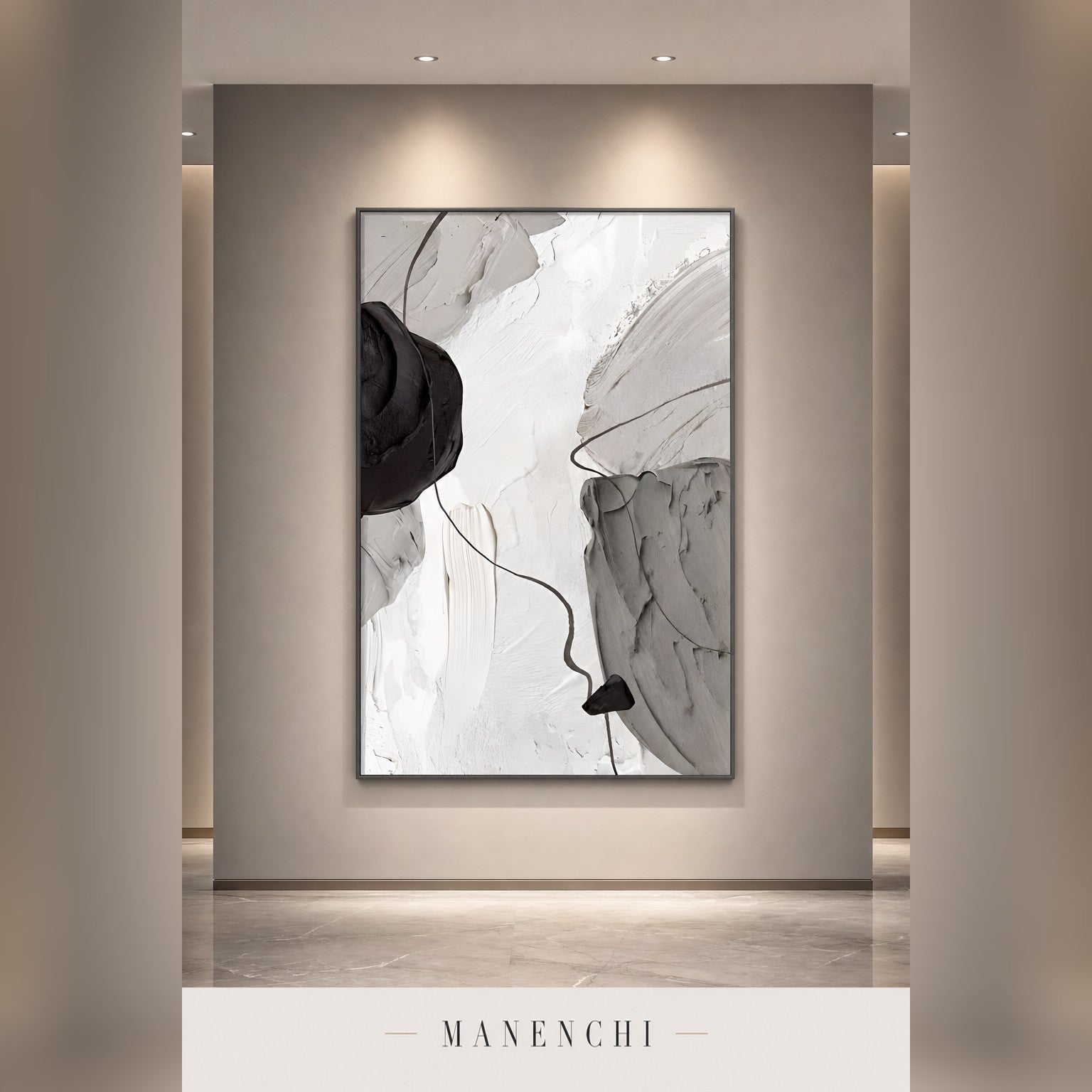 Ethereal Monochrome abstract painting displayed in a hallway