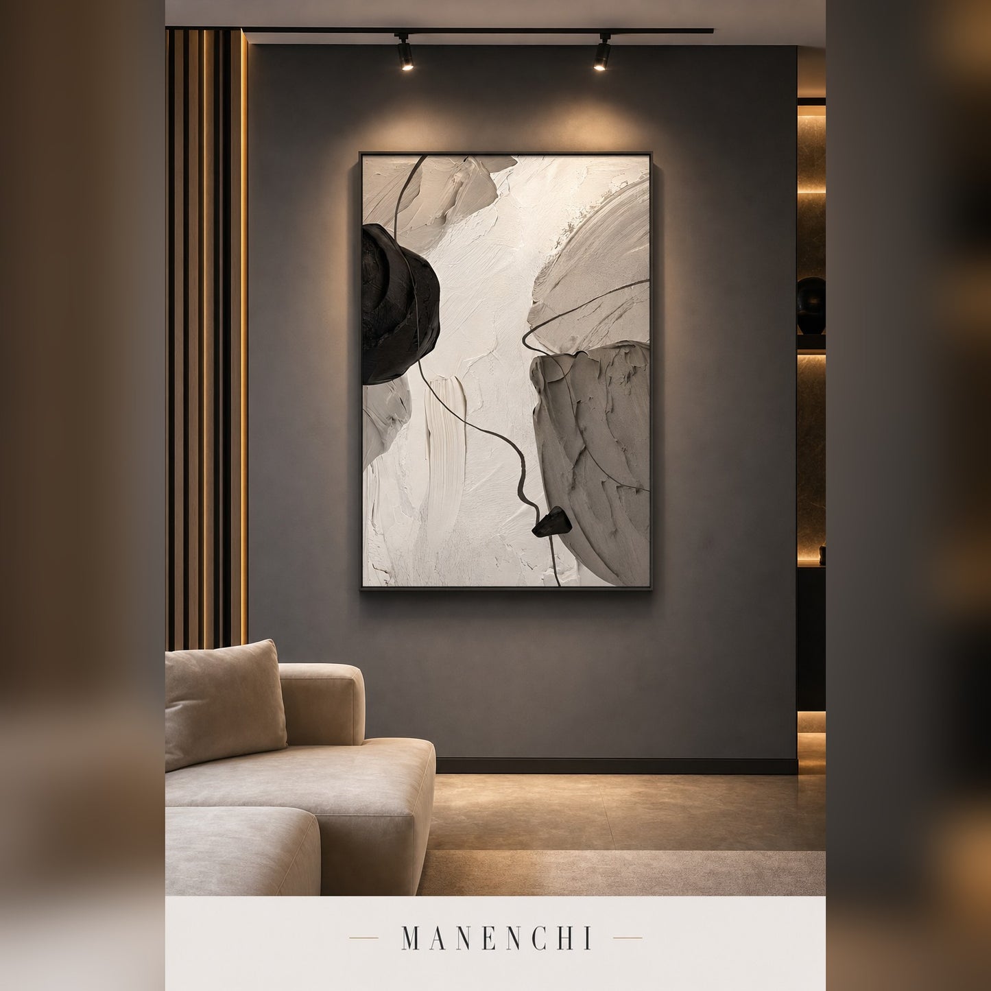 Ethereal Monochrome abstract painting displayed in a modern living room