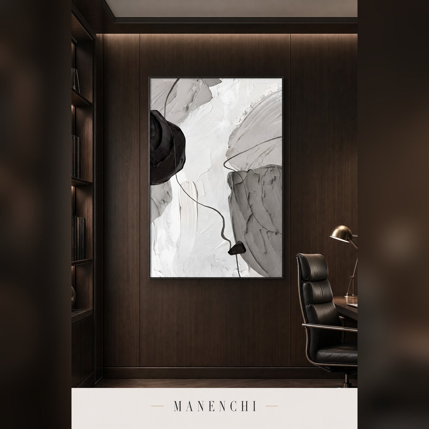 Ethereal Monochrome abstract painting displayed in a study