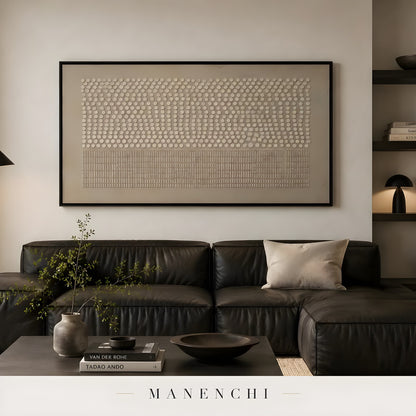 Ethereal Rhythmic Texture abstract painting displayed in living room brown sofa