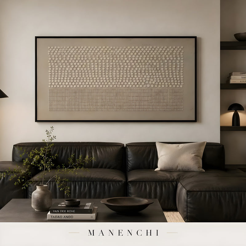 Ethereal Rhythmic Texture abstract painting displayed in living room brown sofa