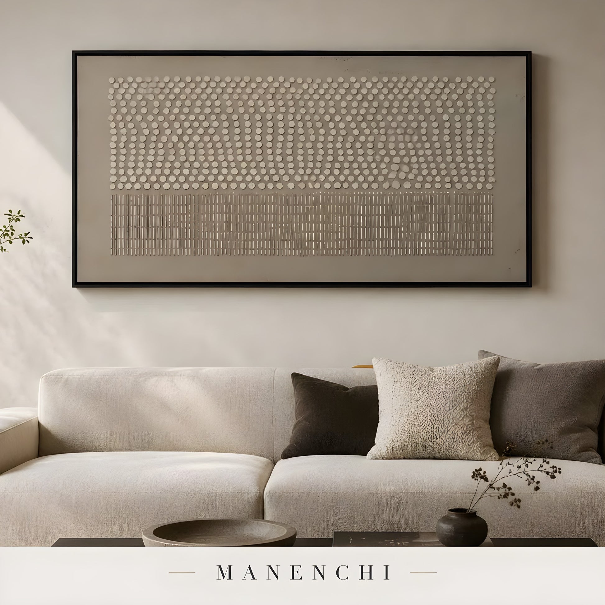 Ethereal Rhythmic Texture abstract painting displayed in living room cream sofa