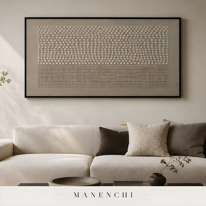 Ethereal Rhythmic Texture abstract painting displayed in living room cream sofa
