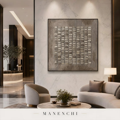 Ethereal Stone Mosaic abstract painting displayed in sophisticated living room setting