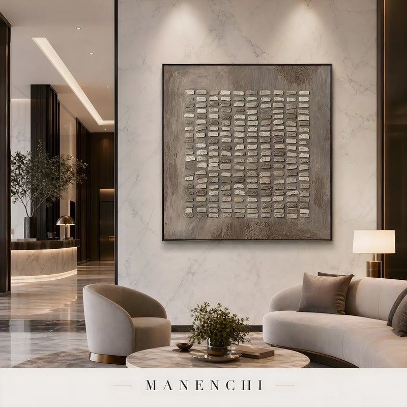Ethereal Stone Mosaic abstract painting displayed in sophisticated living room setting