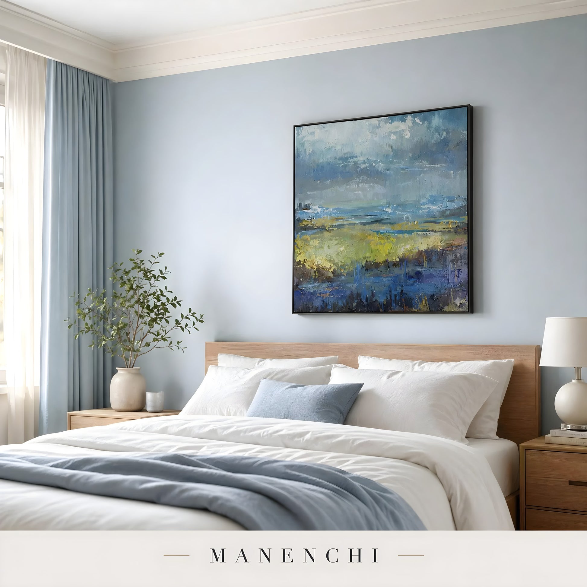 Ethereal Stormscape abstract painting displayed in bedroom above bed