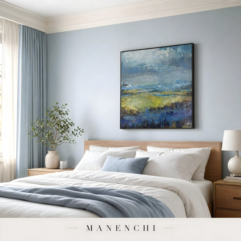 Ethereal Stormscape abstract painting displayed in bedroom above bed