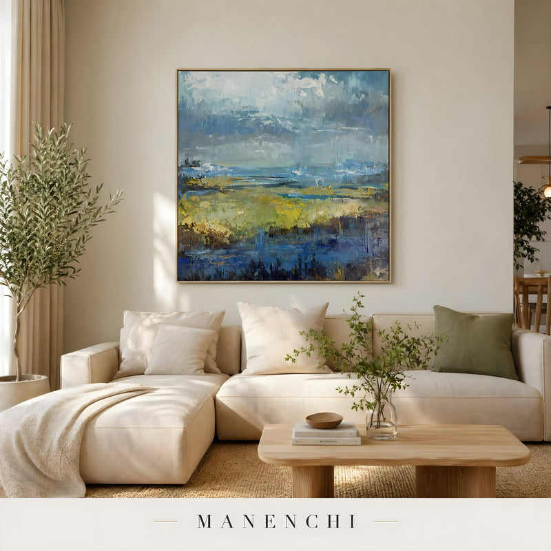 Ethereal Stormscape abstract painting displayed in cozy living room interior
