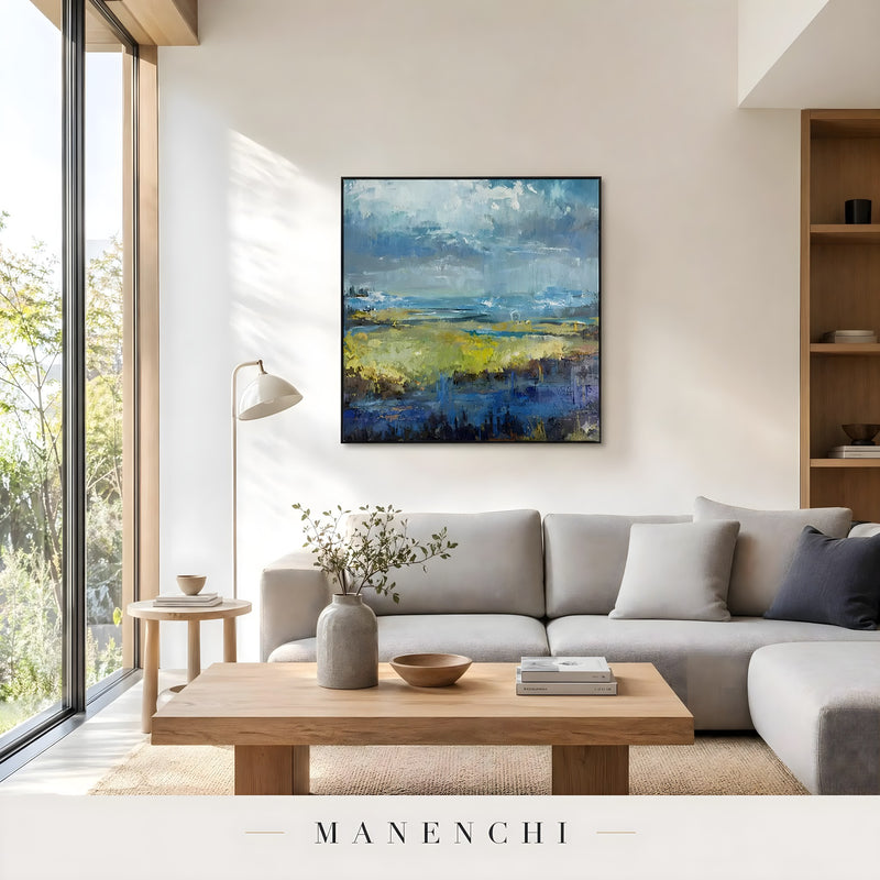 Ethereal Stormscape abstract painting displayed in cozy lounge area