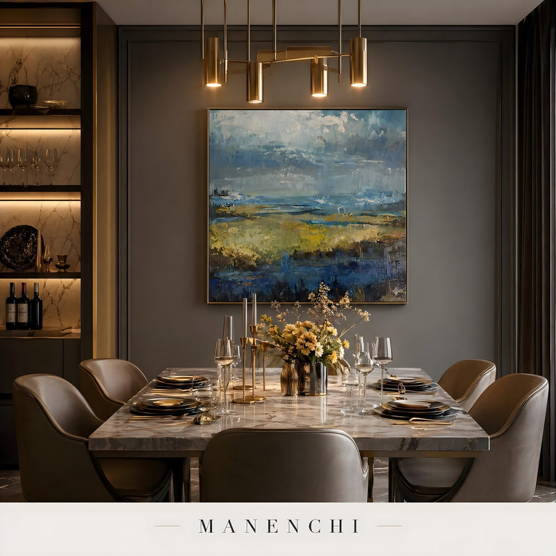 Ethereal Stormscape abstract painting displayed in elegant dining room space