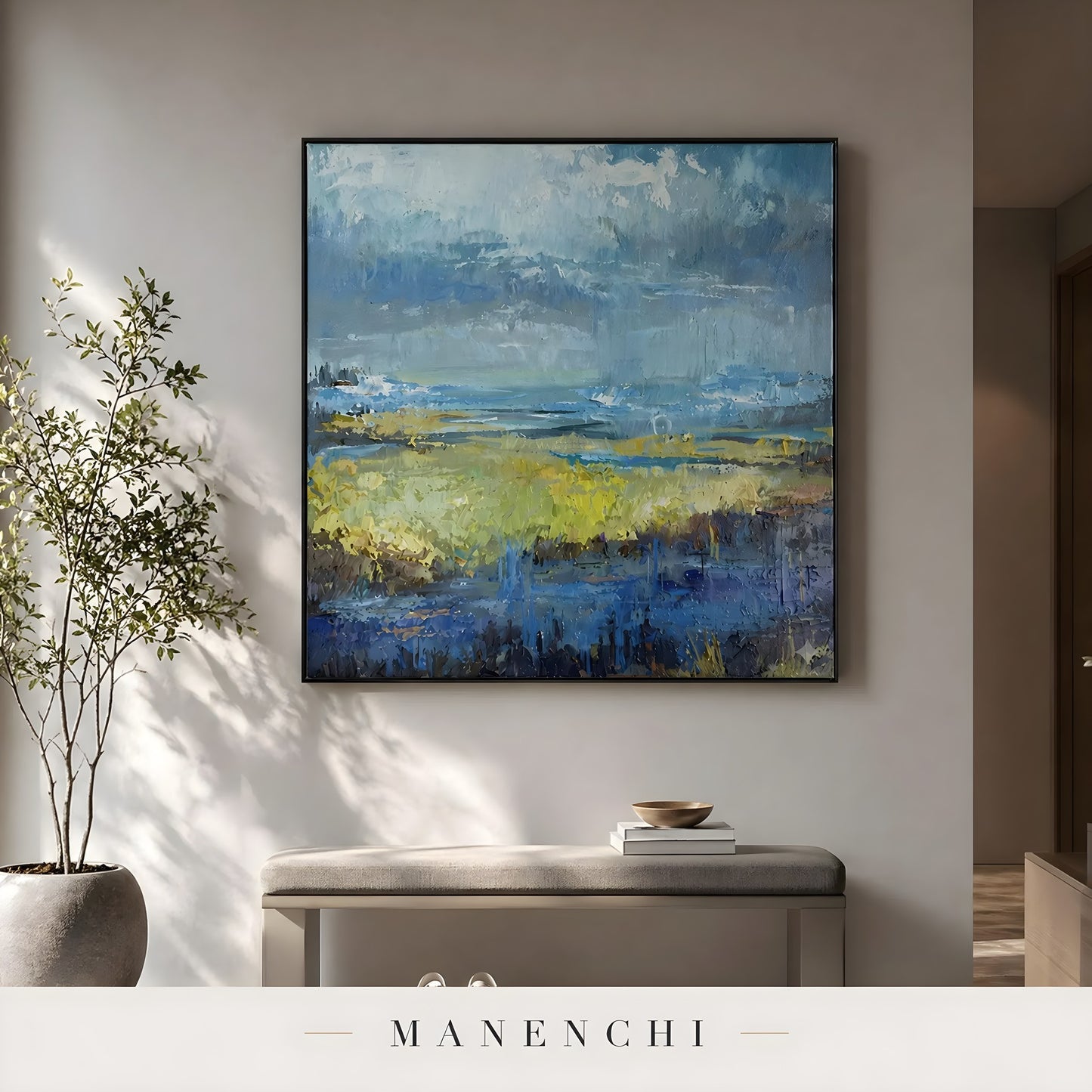 Ethereal Stormscape abstract painting displayed in entry way bench display