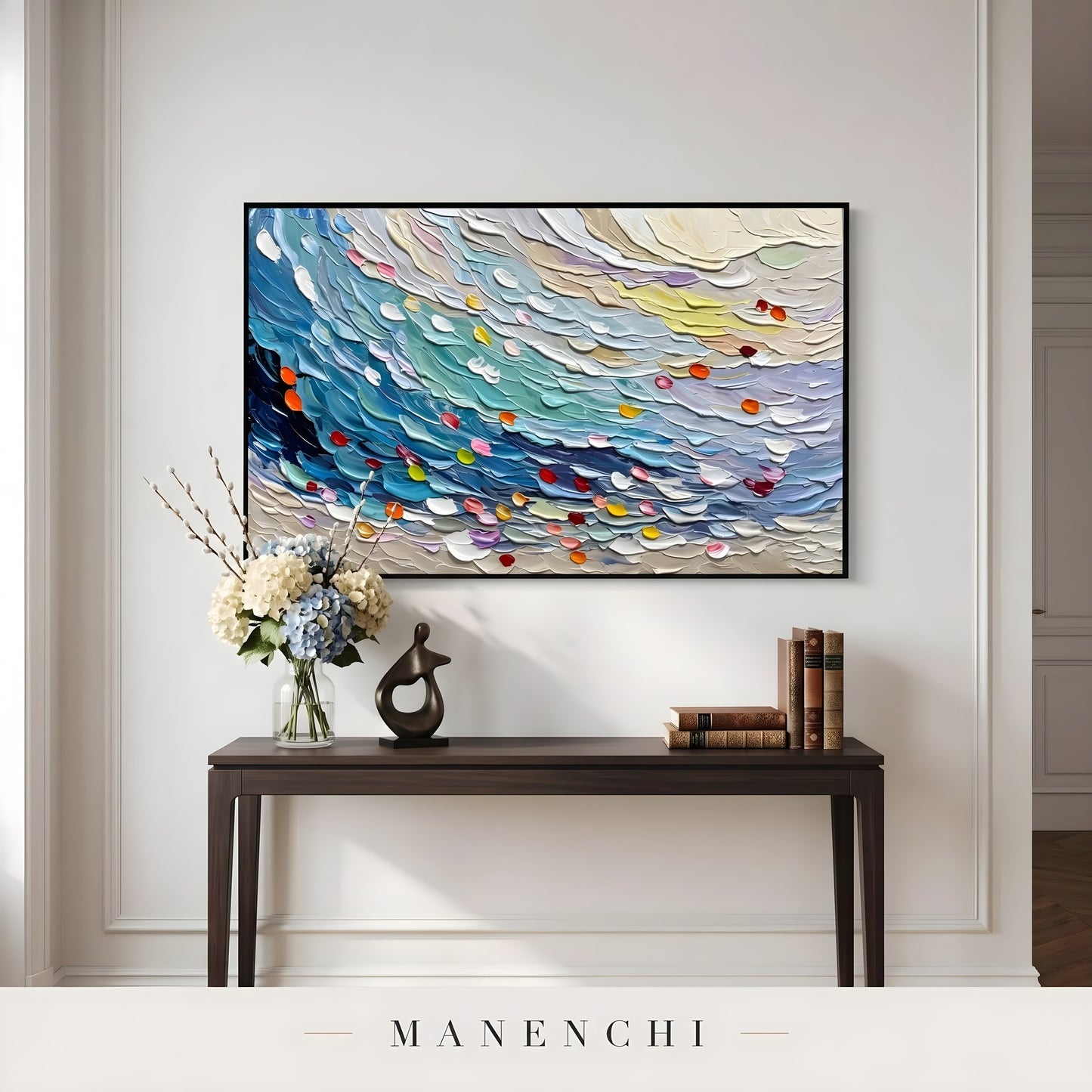 Ethereal Tides abstract painting displayed in entryway console