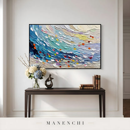 Ethereal Tides abstract painting displayed in entryway console