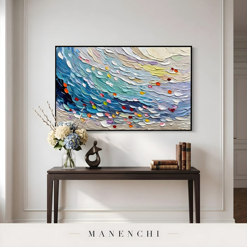 Ethereal Tides abstract painting displayed in entryway console