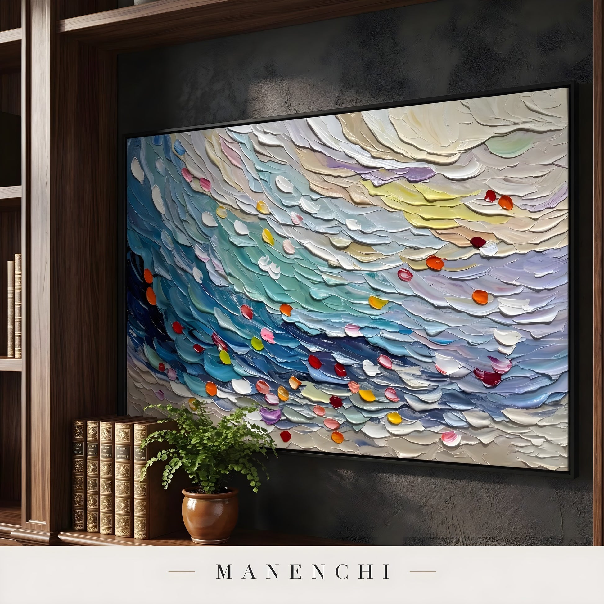 Ethereal Tides abstract painting displayed in home library