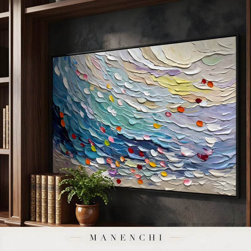 Ethereal Tides abstract painting displayed in home library