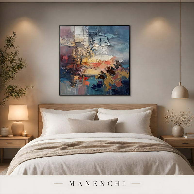 Ethereal Twilight Horizon abstract painting displayed in bedroom wall decor