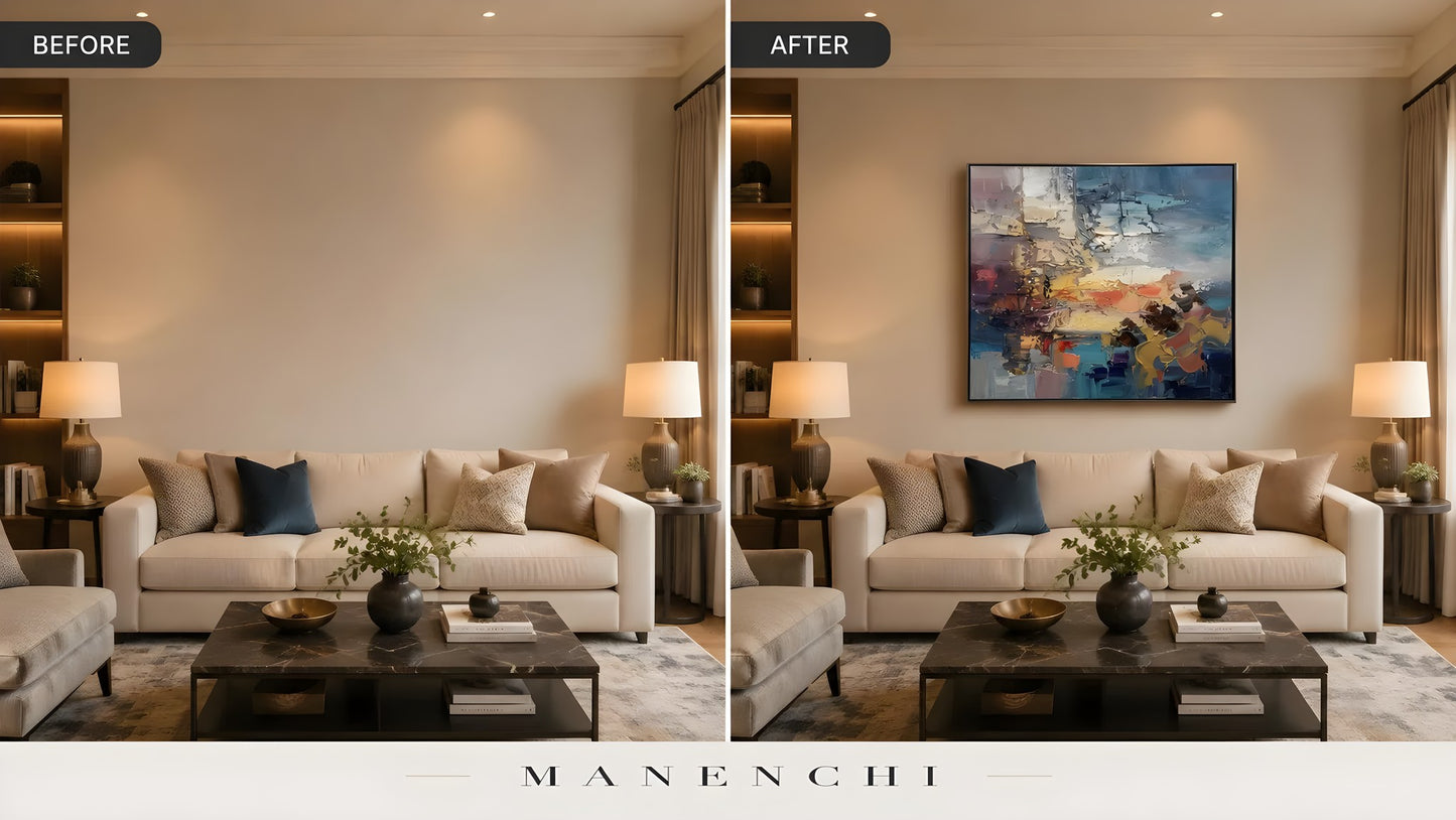 Ethereal Twilight Horizon original hand-painted artwork, before and after in a styled room