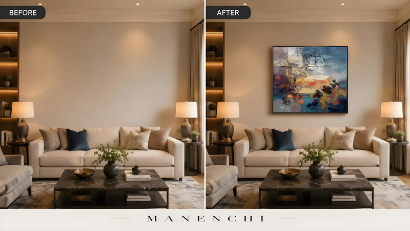 Ethereal Twilight Horizon original hand-painted artwork, before and after in a styled room