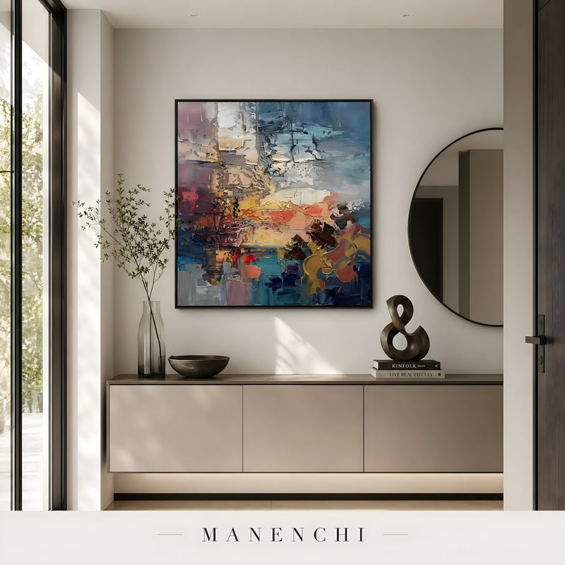 Ethereal Twilight Horizon abstract painting displayed in modern entryway decor
