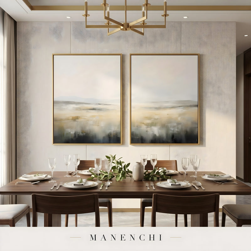 Field of Echoes abstract painting displayed in formal dining room setting