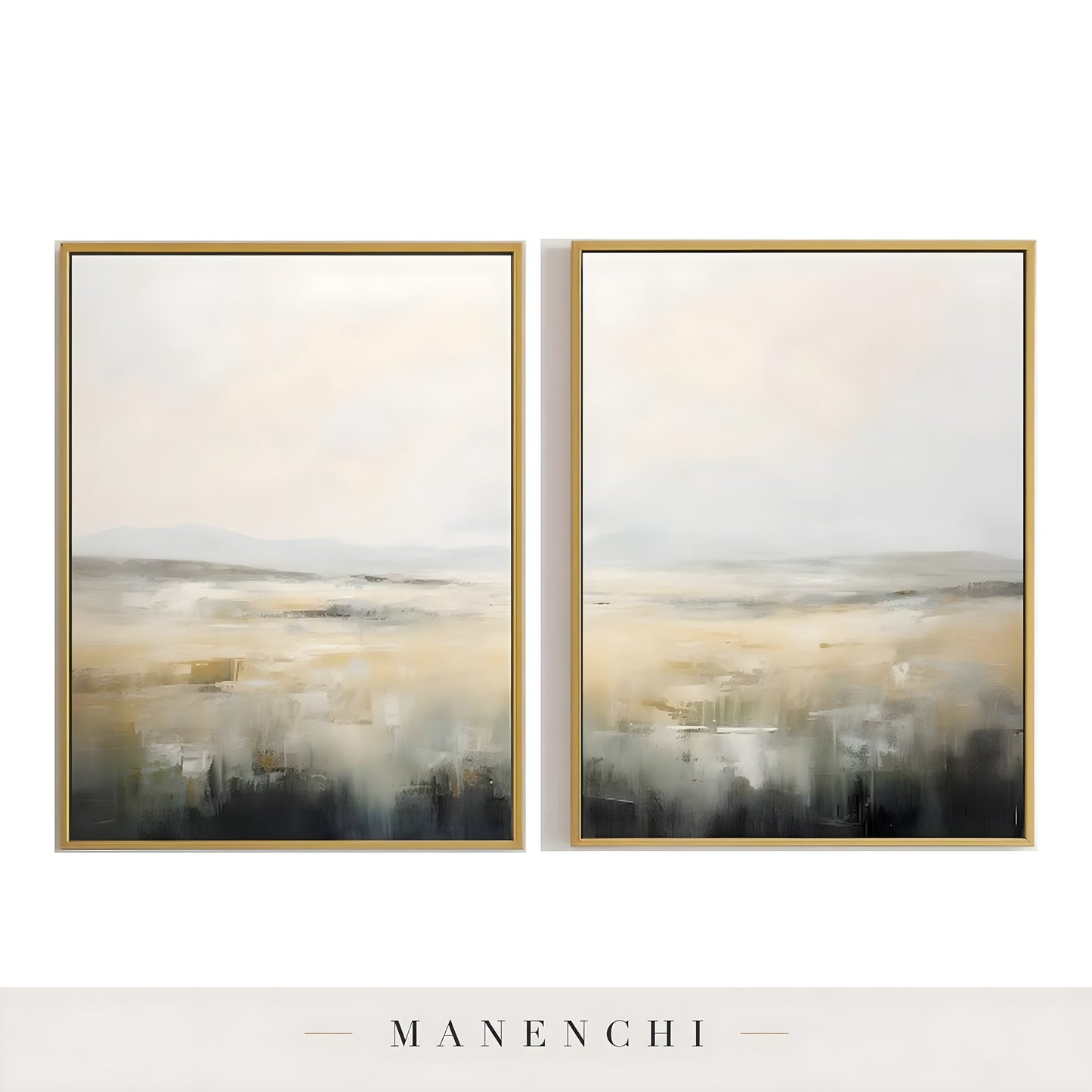 Field of Echoes abstract painting displayed in isolated pair gold frames