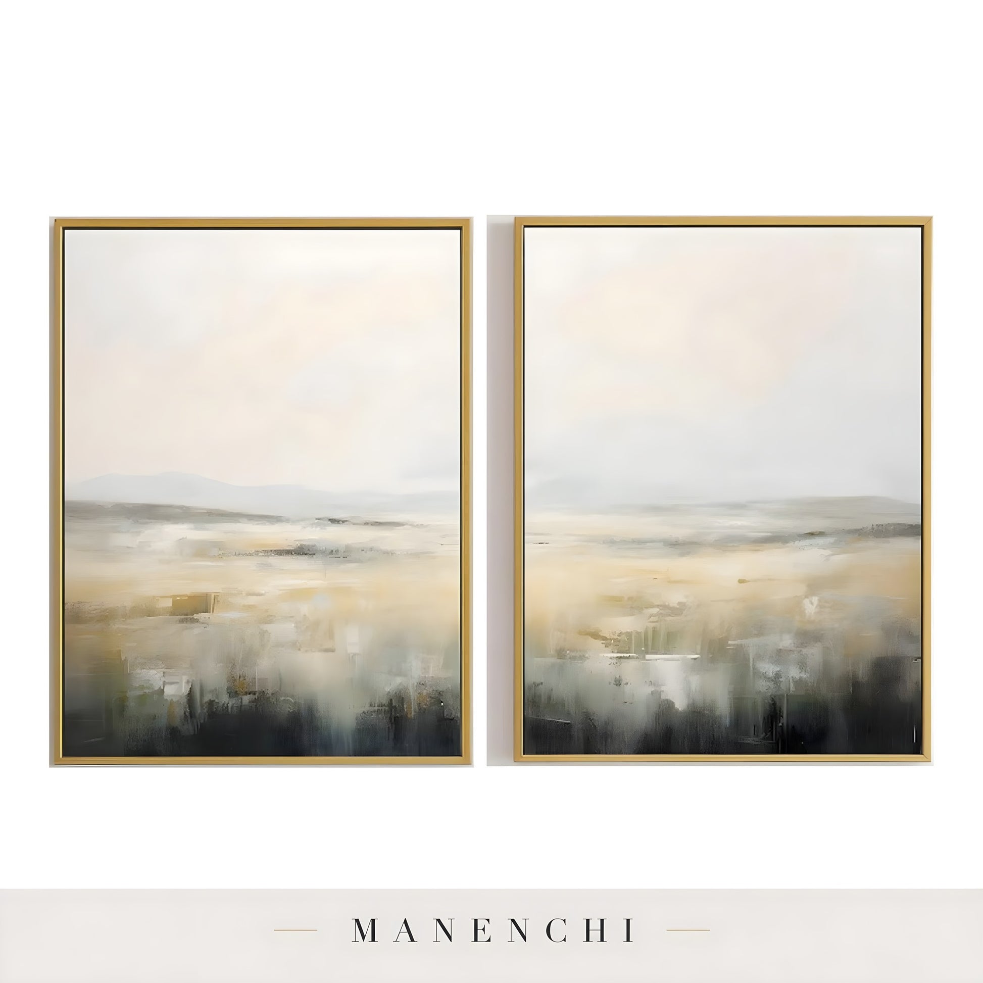 Field of Echoes abstract painting displayed in isolated pair gold frames