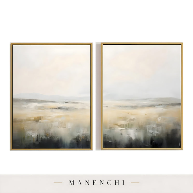Field of Echoes abstract painting displayed in isolated pair gold frames