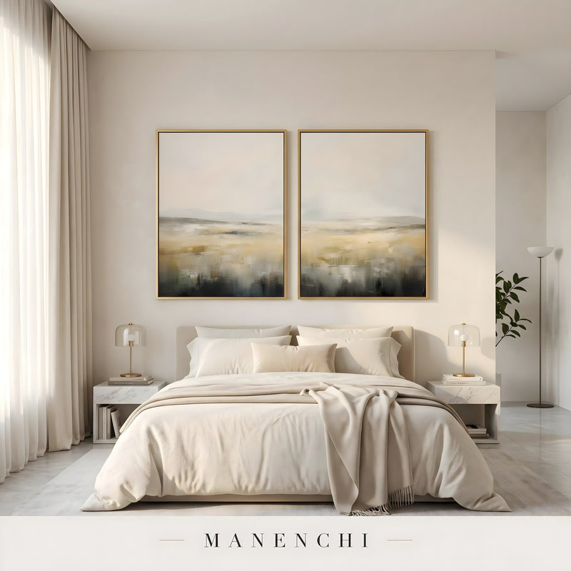 Field of Echoes abstract painting displayed in serene bedroom wall decor