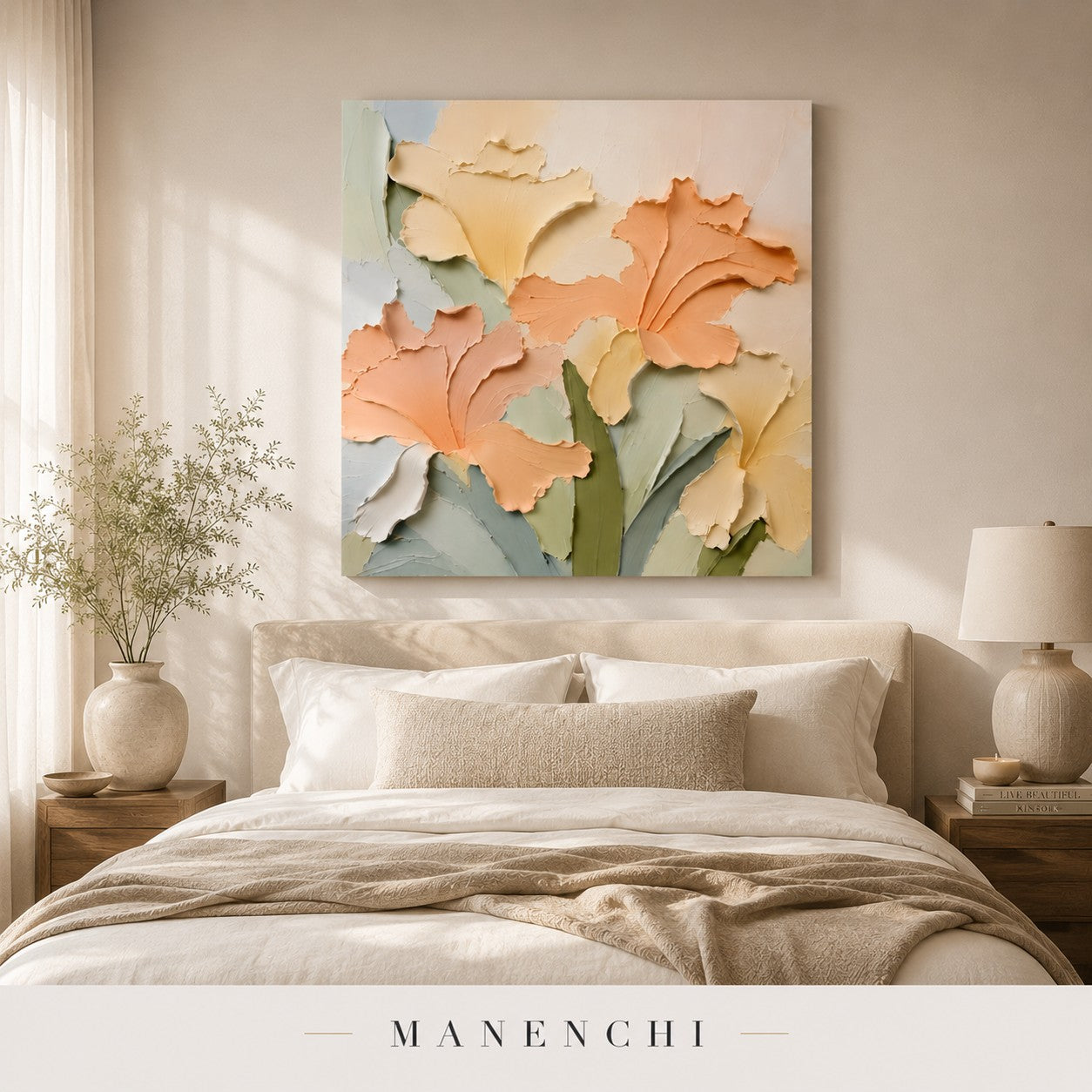 Gentle Bloom textured floral painting hung above a bedroom headboard