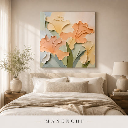 Gentle Bloom textured floral painting hung above a bedroom headboard
