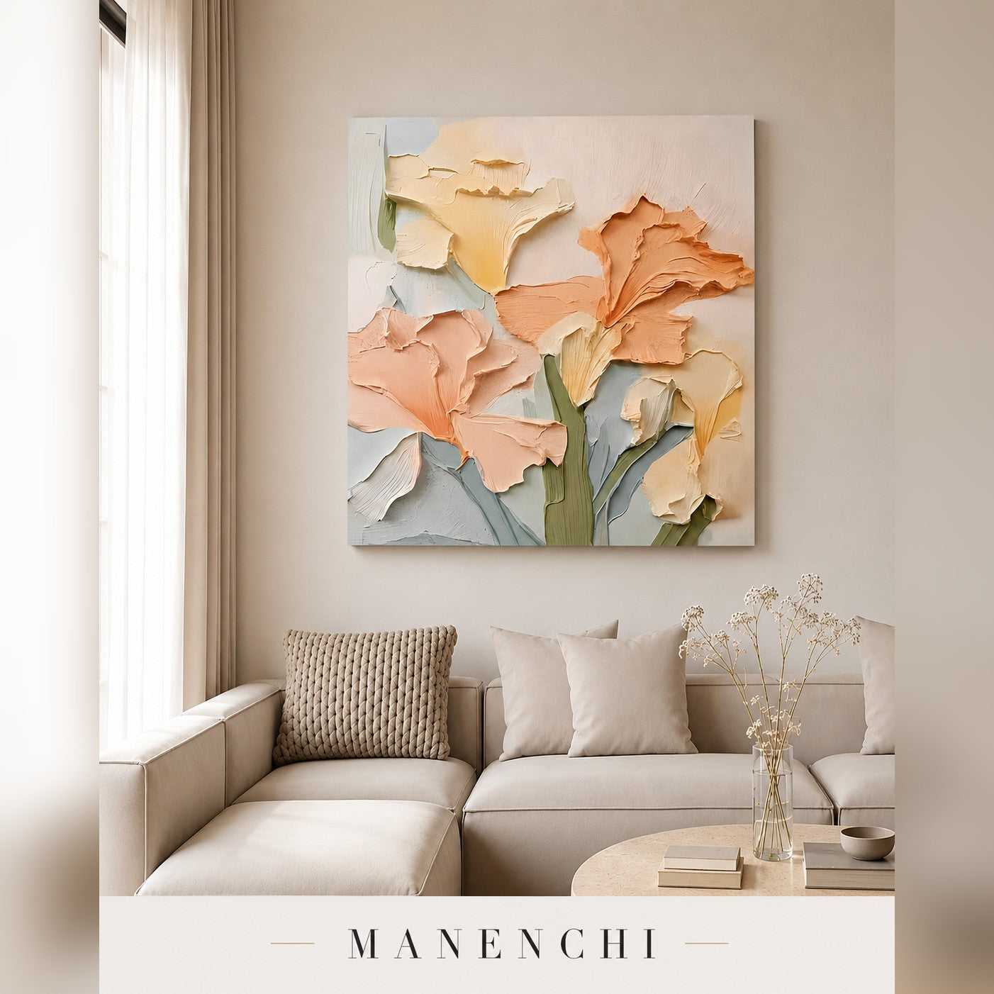 Gentle Bloom peach and cream floral canvas above a living room console