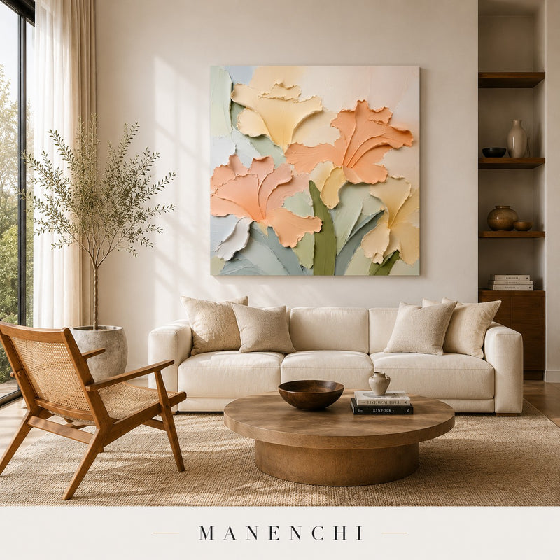 Gentle Bloom abstract painting displayed in a modern living room