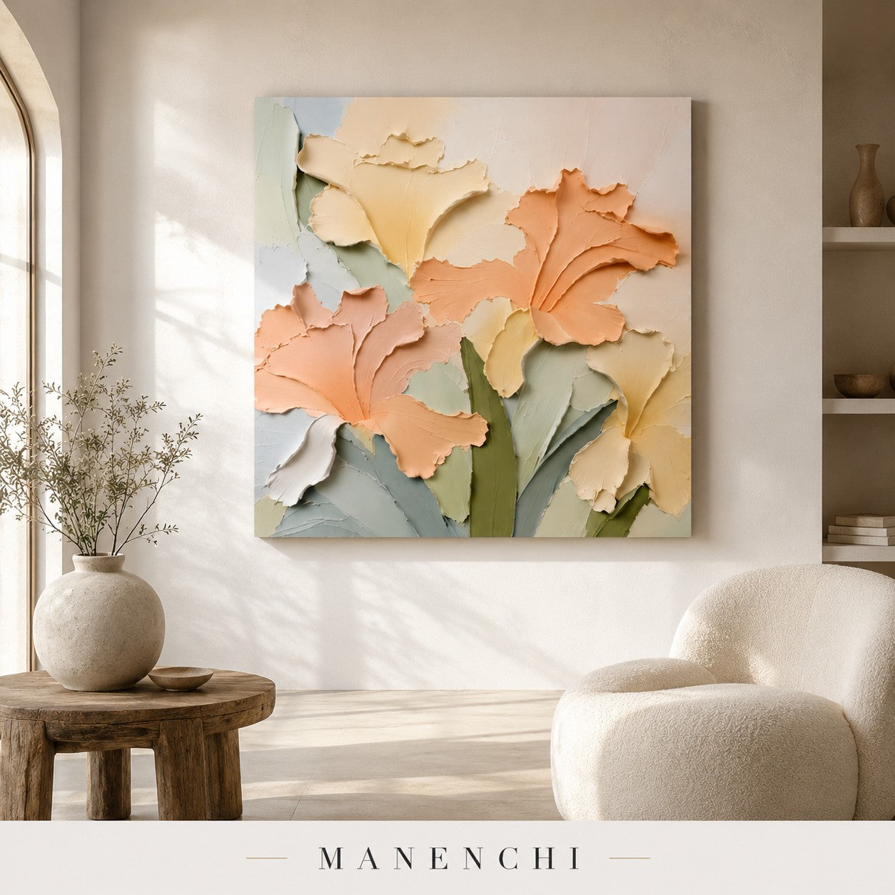 Gentle Bloom peach floral canvas displayed in a home study
