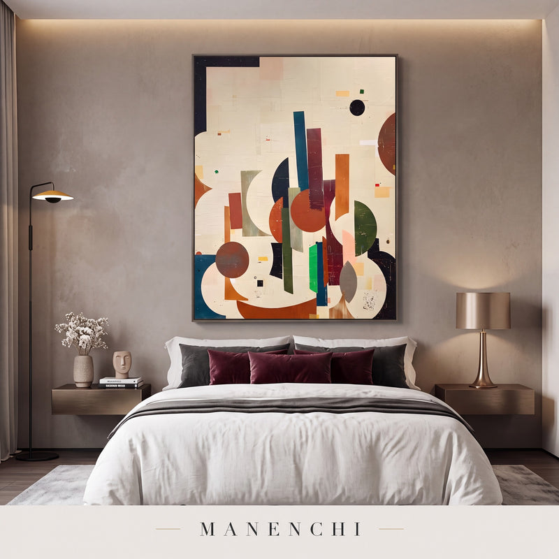 Geometric Harmony abstract painting displayed in a modern bedroom