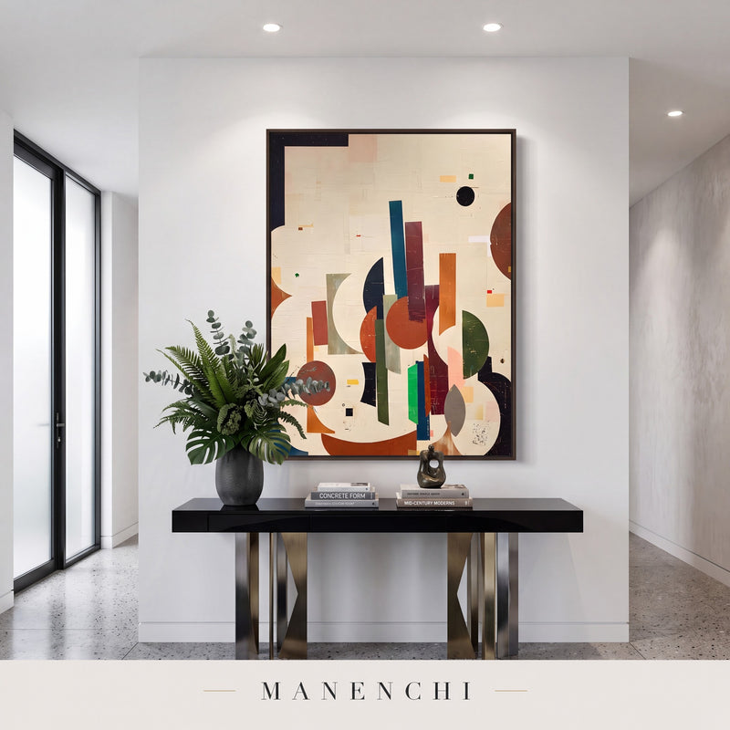 Geometric Harmony abstract painting displayed in an entryway