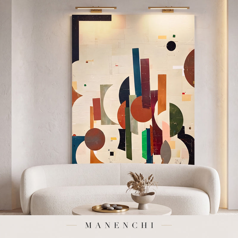 Geometric Harmony abstract painting displayed in a modern living room