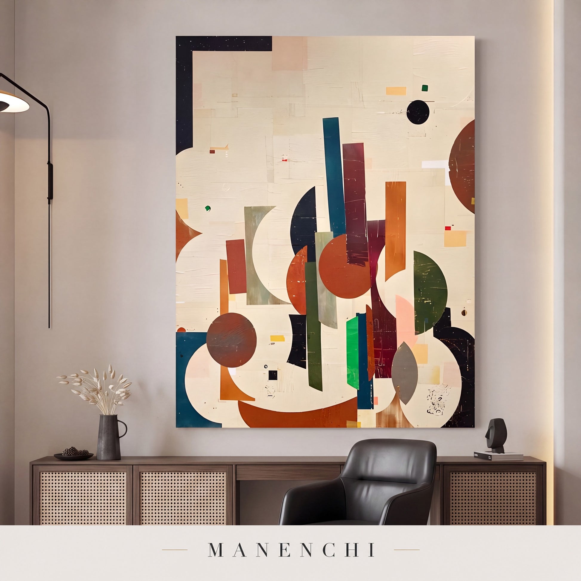 Geometric Harmony abstract painting displayed in a study