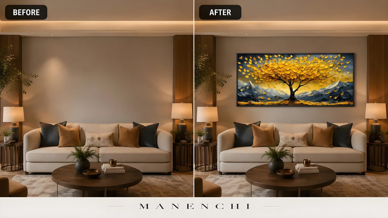Gilded Alpine Arboreal original hand-painted abstract painting, before and after in a styled room