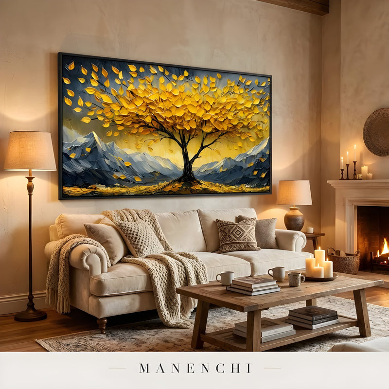 Gilded Alpine Arboreal abstract painting displayed in cozy living room decor