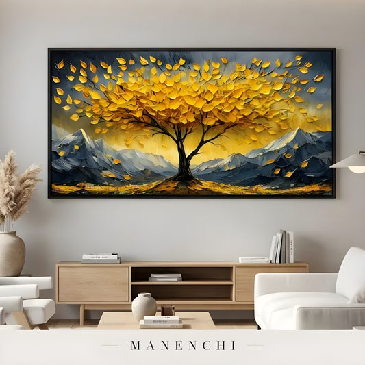 Gilded Alpine Arboreal abstract painting displayed in living room art display