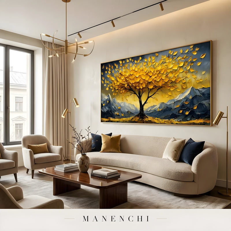 Gilded Alpine Arboreal abstract painting displayed in modern living room interior