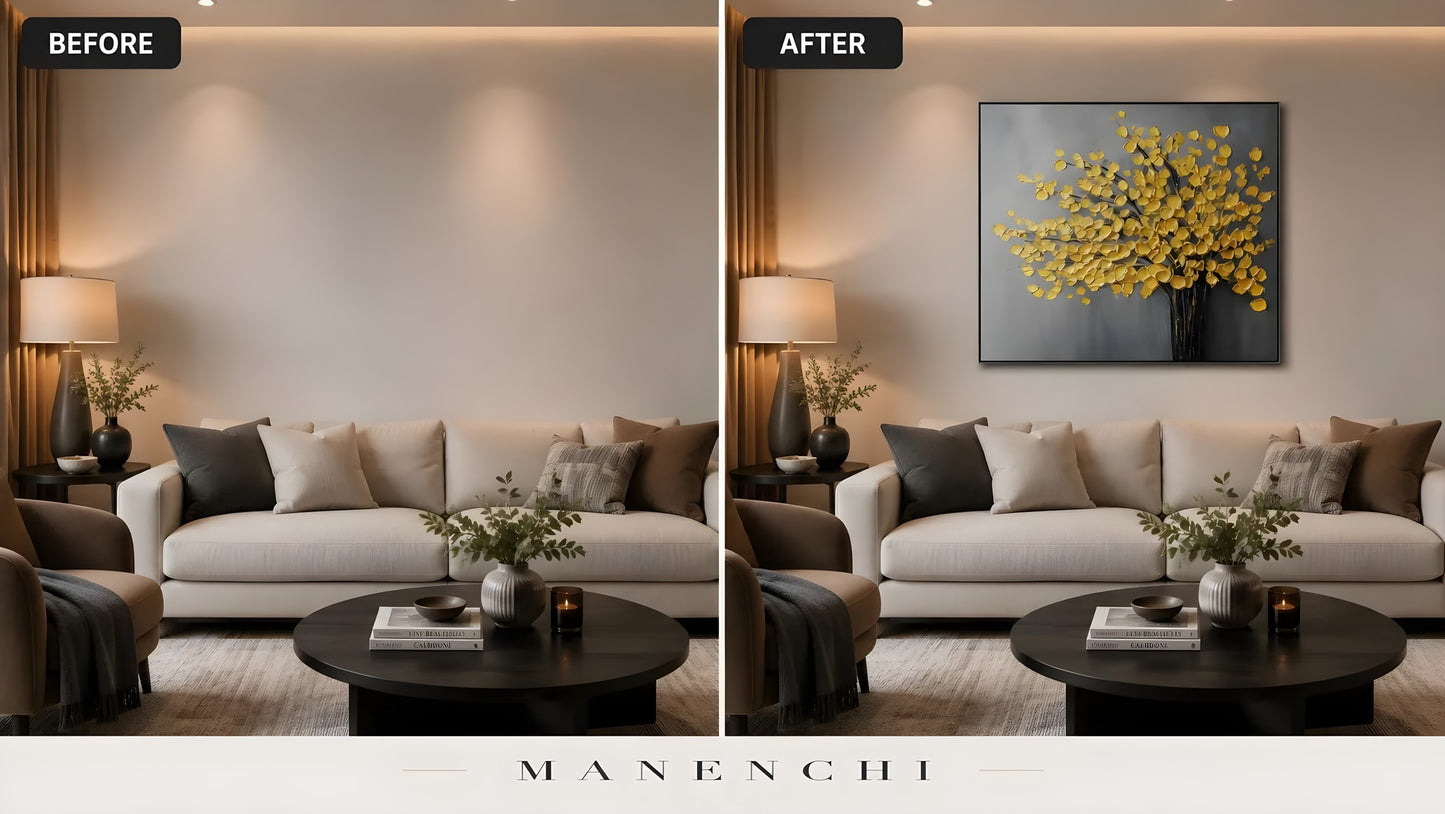Gilded Arboreal Bloom original hand-painted abstract painting, before and after in a styled room
