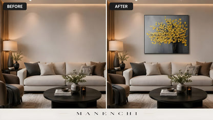 Gilded Arboreal Bloom original hand-painted abstract painting, before and after in a styled room