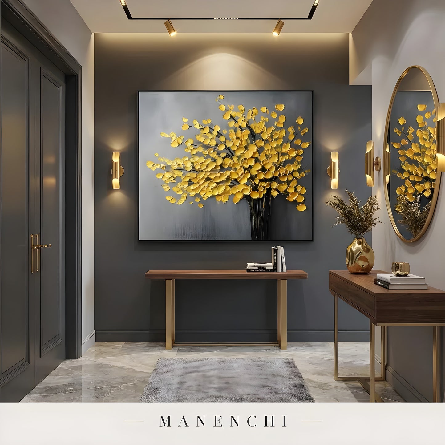 Gilded Arboreal Bloom abstract painting displayed in contemporary entryway decor