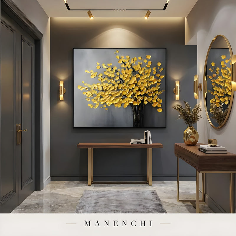 Gilded Arboreal Bloom abstract painting displayed in contemporary entryway decor