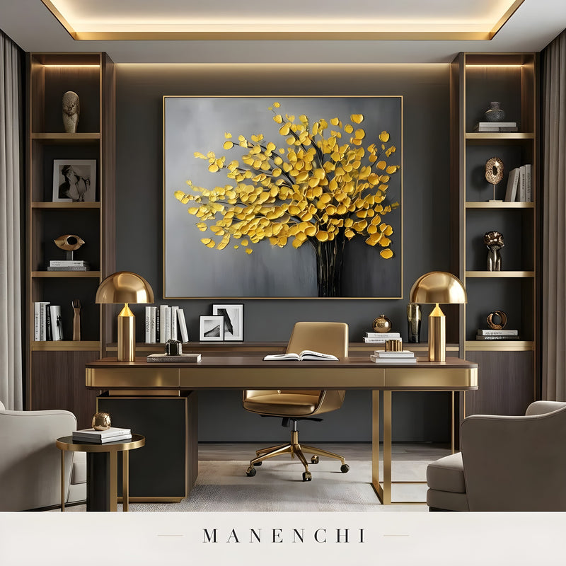 Gilded Arboreal Bloom abstract painting displayed in elegant home office study