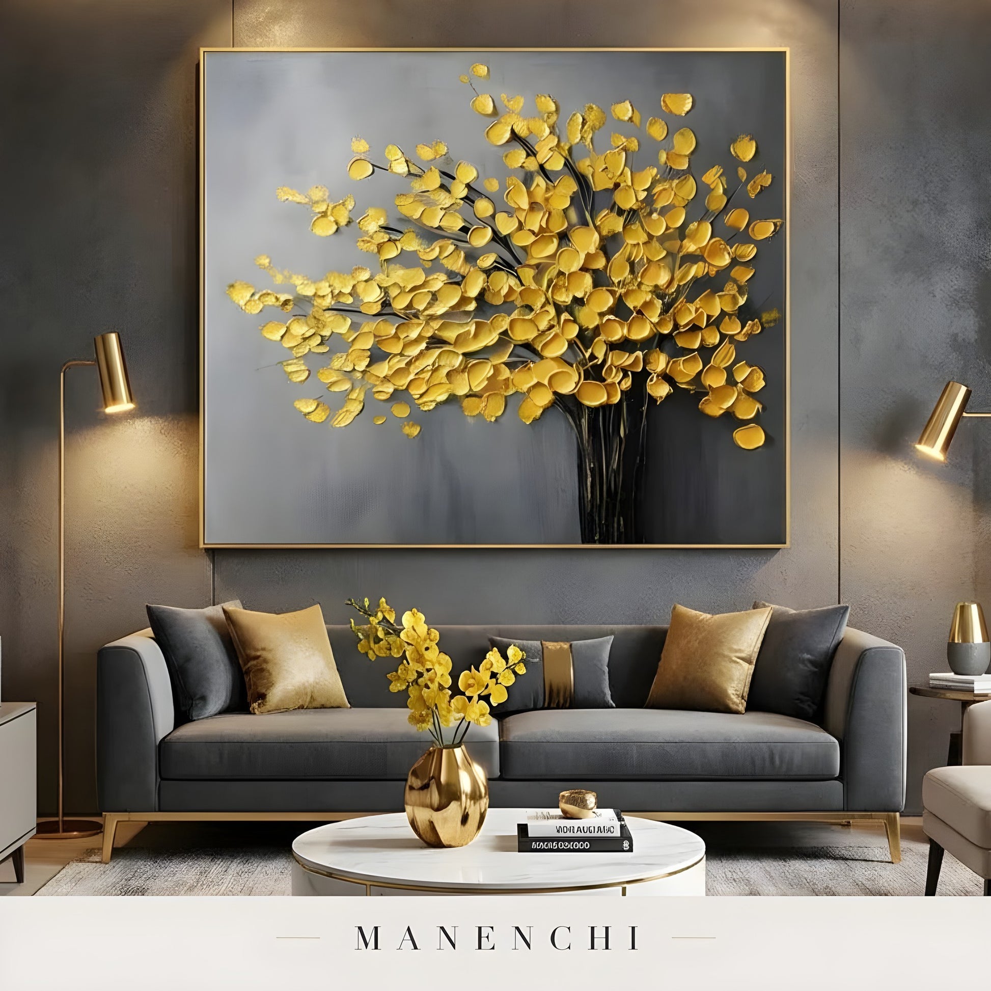 Gilded Arboreal Bloom abstract painting displayed in living room sofa